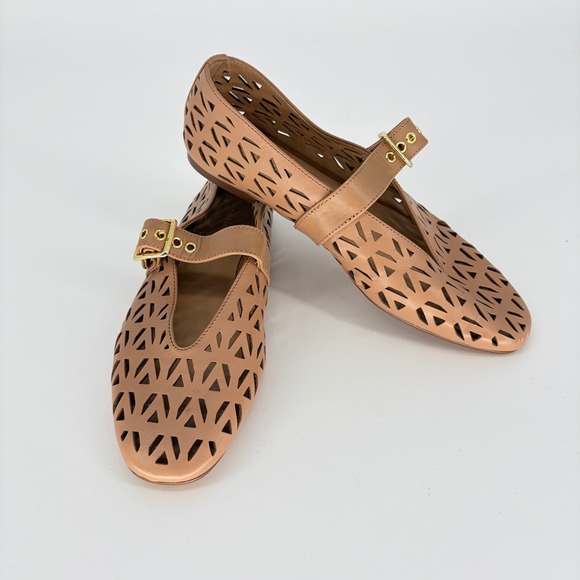 Ann Taylor Shoes - Ann Taylor Tan Leather Laser Cut Mary Jane Flats Gold Buckle Shoes Womens 6.5M